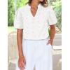 imageZESICA Womens Summer Short Puff Sleeve Shirts 2025 V Neck Casual Hollow Out Lace Embroidered Blouse TopsWhite
