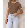imageZESICA Womens Summer Short Sleeve Ribbed Knit Slim Fit T Shirt 2025 Crewneck Basic Casual Color Block Tee TopsBrown