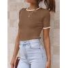 imageZESICA Womens Summer Short Sleeve Ribbed Knit Slim Fit T Shirt 2025 Crewneck Basic Casual Color Block Tee TopsBrown