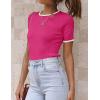 imageZESICA Womens Summer Short Sleeve Ribbed Knit Slim Fit T Shirt 2025 Crewneck Basic Casual Color Block Tee TopsRose