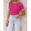 imageZESICA Womens Summer Short Sleeve Ribbed Knit Slim Fit T Shirt 2025 Crewneck Basic Casual Color Block Tee TopsRose