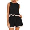imageZESICA Womens 2024 Summer 2 Piece Outfits Set Linen Lace Trim Crewneck Tank Crop Top and Shorts Lounge Pajama SetsDim
