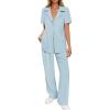 imageZESICA Womens 2025 Casual 2 Piece Outfits Short Sleeve Blazer Jacket and Wide Leg Pants Loose Business Suit SetsBlue