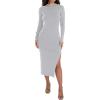 imageZESICA Womens 2025 Ribbed Knit Dress Long Sleeve Mock Neck Slim Fit Side Slit Spring Elegant Sweater DressesGrey