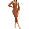 imageZESICA Womens 2025 Square Neck Ribbed Knit Dress Puff Long Sleeve Slim Fit Bodycon Fall Winter Pullover Sweater DressCoffee