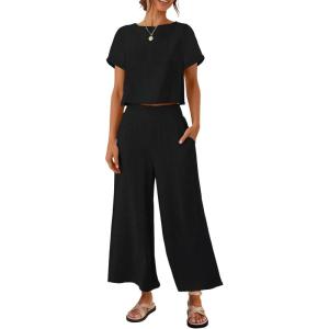 imageZESICA Womens 2 Piece Outfits Linen Short Sleeve Crop Top and Wide Leg Pants Lounge Matching Set Tracksuits Trendy ClothesBlack