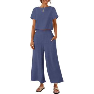 imageZESICA Womens 2 Piece Outfits Linen Short Sleeve Crop Top and Wide Leg Pants Lounge Matching Set Tracksuits Trendy ClothesGreyblue