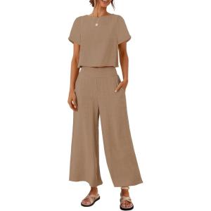 imageZESICA Womens 2 Piece Outfits Linen Short Sleeve Crop Top and Wide Leg Pants Lounge Matching Set Tracksuits Trendy ClothesKhaki