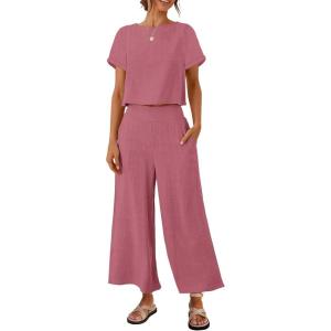 imageZESICA Womens 2 Piece Outfits Linen Short Sleeve Crop Top and Wide Leg Pants Lounge Matching Set Tracksuits Trendy ClothesPlum