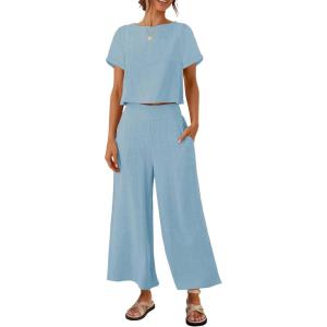 imageZESICA Womens 2 Piece Outfits Linen Short Sleeve Crop Top and Wide Leg Pants Lounge Matching Set Tracksuits Trendy ClothesSkyblue