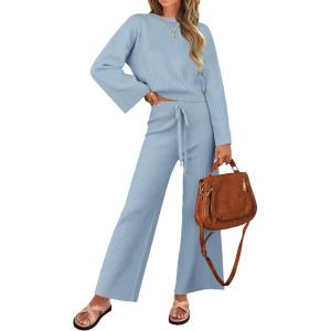 imageZESICA Womens 2 Piece Outfits Set Casual Long Sleeve Knit Pullover Top and Wide Leg Pants Sweatsuit Lounge SetsBlue