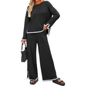 imageZESICA Womens 2 Piece Outfits Set Casual Long Sleeve Knit Pullover Top and Wide Leg Pants Sweatsuit Lounge SetsCarbon