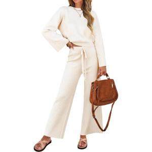 imageZESICA Womens 2 Piece Outfits Set Casual Long Sleeve Knit Pullover Top and Wide Leg Pants Sweatsuit Lounge SetsCream