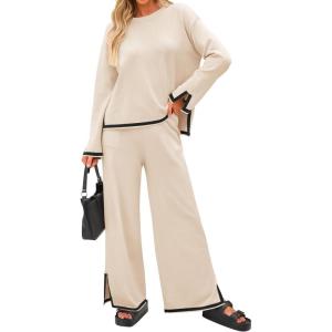 imageZESICA Womens 2 Piece Outfits Set Casual Long Sleeve Knit Pullover Top and Wide Leg Pants Sweatsuit Lounge SetsNatural