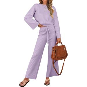 imageZESICA Womens 2 Piece Outfits Set Casual Long Sleeve Knit Pullover Top and Wide Leg Pants Sweatsuit Lounge SetsPurple