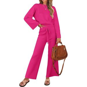 imageZESICA Womens 2 Piece Outfits Set Casual Long Sleeve Knit Pullover Top and Wide Leg Pants Sweatsuit Lounge SetsRose
