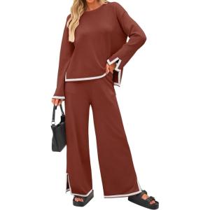 imageZESICA Womens 2 Piece Outfits Set Casual Long Sleeve Knit Pullover Top and Wide Leg Pants Sweatsuit Lounge SetsRust