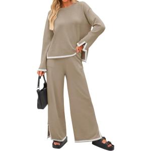 imageZESICA Womens 2 Piece Outfits Set Casual Long Sleeve Knit Pullover Top and Wide Leg Pants Sweatsuit Lounge SetsTan