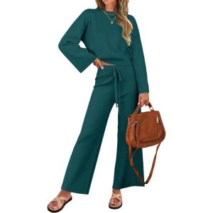 imageZESICA Womens 2 Piece Outfits Set Casual Long Sleeve Knit Pullover Top and Wide Leg Pants Sweatsuit Lounge SetsTeal