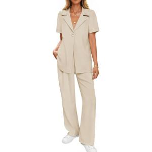imageZESICA Womens 2025 Casual 2 Piece Outfits Short Sleeve Blazer Jacket and Wide Leg Pants Loose Business Suit SetsApricot