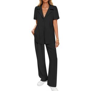 imageZESICA Womens 2025 Casual 2 Piece Outfits Short Sleeve Blazer Jacket and Wide Leg Pants Loose Business Suit SetsBlack