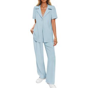 imageZESICA Womens 2025 Casual 2 Piece Outfits Short Sleeve Blazer Jacket and Wide Leg Pants Loose Business Suit SetsBlue