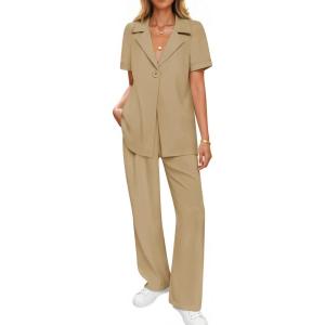 imageZESICA Womens 2025 Casual 2 Piece Outfits Short Sleeve Blazer Jacket and Wide Leg Pants Loose Business Suit SetsKhaki