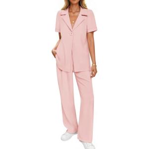 imageZESICA Womens 2025 Casual 2 Piece Outfits Short Sleeve Blazer Jacket and Wide Leg Pants Loose Business Suit SetsPink