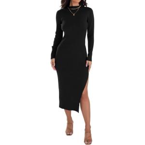 imageZESICA Womens 2025 Ribbed Knit Dress Long Sleeve Mock Neck Slim Fit Side Slit Spring Elegant Sweater DressesBlack