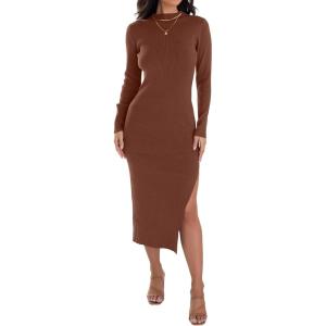 imageZESICA Womens 2025 Ribbed Knit Dress Long Sleeve Mock Neck Slim Fit Side Slit Spring Elegant Sweater DressesCoffee