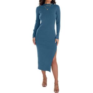 imageZESICA Womens 2025 Ribbed Knit Dress Long Sleeve Mock Neck Slim Fit Side Slit Spring Elegant Sweater DressesDarkblue