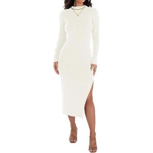imageZESICA Womens 2025 Ribbed Knit Dress Long Sleeve Mock Neck Slim Fit Side Slit Spring Elegant Sweater DressesIvory