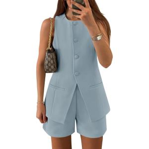 imageZESICA Womens 2025 Summer 2 Piece Short Sets Sleeveless Crew Neck Suit Vest Tops High Waist Shorts Business OutfitsDustyblue