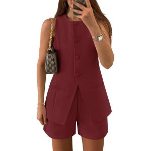 imageZESICA Womens 2025 Summer 2 Piece Short Sets Sleeveless Crew Neck Suit Vest Tops High Waist Shorts Business OutfitsWine