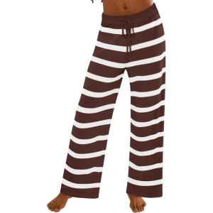 imageZESICA Womens Casual Striped Wide Leg Pants Elastic Waist Drawstring Knit Loose Soft Pajama Lounge Pants Fall ClothesDark Brown