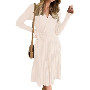 imageZESICA Womens Fall Long Sleeve Wrap V Neck Ribbed Knit Pleated A Line Pullover Sweater Dress with BeltApricot