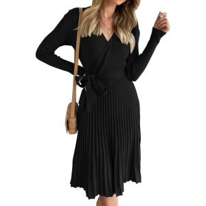 imageZESICA Womens Fall Long Sleeve Wrap V Neck Ribbed Knit Pleated A Line Pullover Sweater Dress with BeltBlack