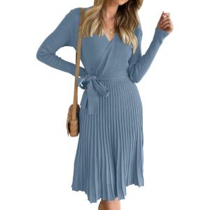 imageZESICA Womens Fall Long Sleeve Wrap V Neck Ribbed Knit Pleated A Line Pullover Sweater Dress with BeltDustyblue