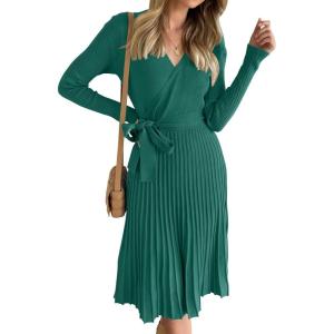 imageZESICA Womens Fall Long Sleeve Wrap V Neck Ribbed Knit Pleated A Line Pullover Sweater Dress with BeltForestgreen