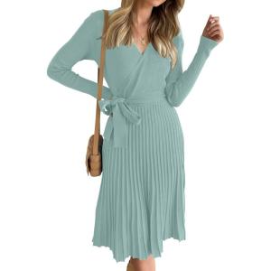 imageZESICA Womens Fall Long Sleeve Wrap V Neck Ribbed Knit Pleated A Line Pullover Sweater Dress with BeltLake