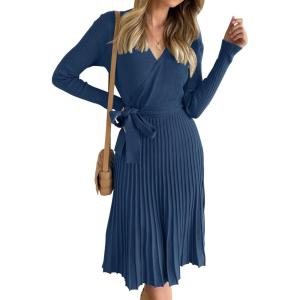 imageZESICA Womens Fall Long Sleeve Wrap V Neck Ribbed Knit Pleated A Line Pullover Sweater Dress with BeltNavy