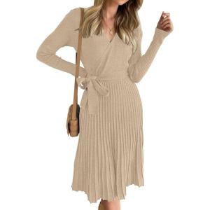 imageZESICA Womens Fall Long Sleeve Wrap V Neck Ribbed Knit Pleated A Line Pullover Sweater Dress with BeltOatmeal