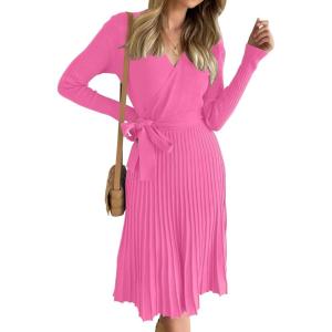 imageZESICA Womens Fall Long Sleeve Wrap V Neck Ribbed Knit Pleated A Line Pullover Sweater Dress with BeltPink