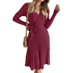 imageZESICA Womens Fall Long Sleeve Wrap V Neck Ribbed Knit Pleated A Line Pullover Sweater Dress with BeltPlum