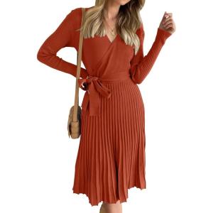 imageZESICA Womens Fall Long Sleeve Wrap V Neck Ribbed Knit Pleated A Line Pullover Sweater Dress with BeltRust