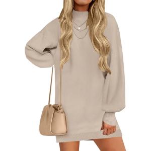 imageZESICA Womens Fall Turtleneck Sweater Dress Oversized Long Lantern Sleeve Casual Knit Pullover Mini DressesAlmond