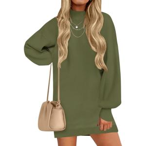 imageZESICA Womens Fall Turtleneck Sweater Dress Oversized Long Lantern Sleeve Casual Knit Pullover Mini DressesArmygreen