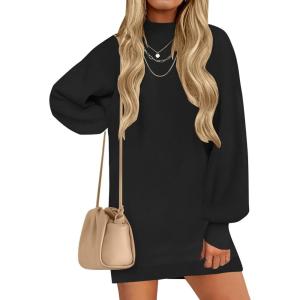 imageZESICA Womens Fall Turtleneck Sweater Dress Oversized Long Lantern Sleeve Casual Knit Pullover Mini DressesBlack