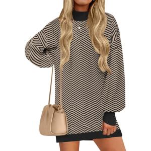 imageZESICA Womens Fall Turtleneck Sweater Dress Oversized Long Lantern Sleeve Casual Knit Pullover Mini DressesBrown