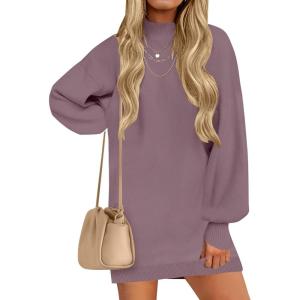 imageZESICA Womens Fall Turtleneck Sweater Dress Oversized Long Lantern Sleeve Casual Knit Pullover Mini DressesDarkviolet